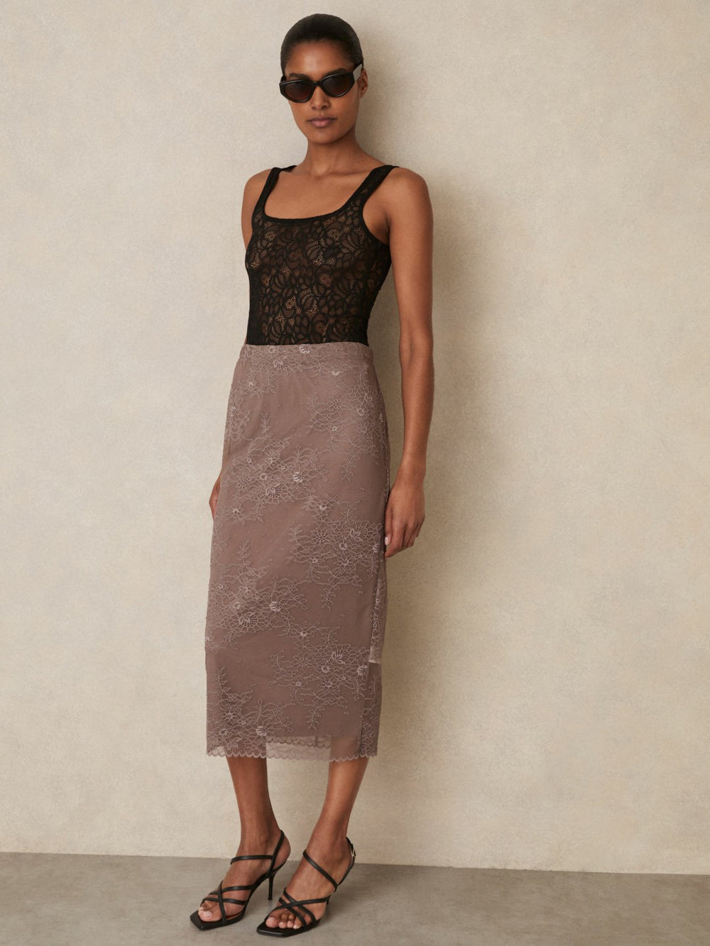 Reiss | Lace Pencil Skirt in Taupe Brown