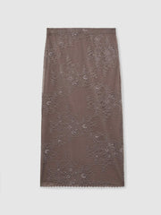 Reiss | Lace Pencil Skirt in Taupe Brown