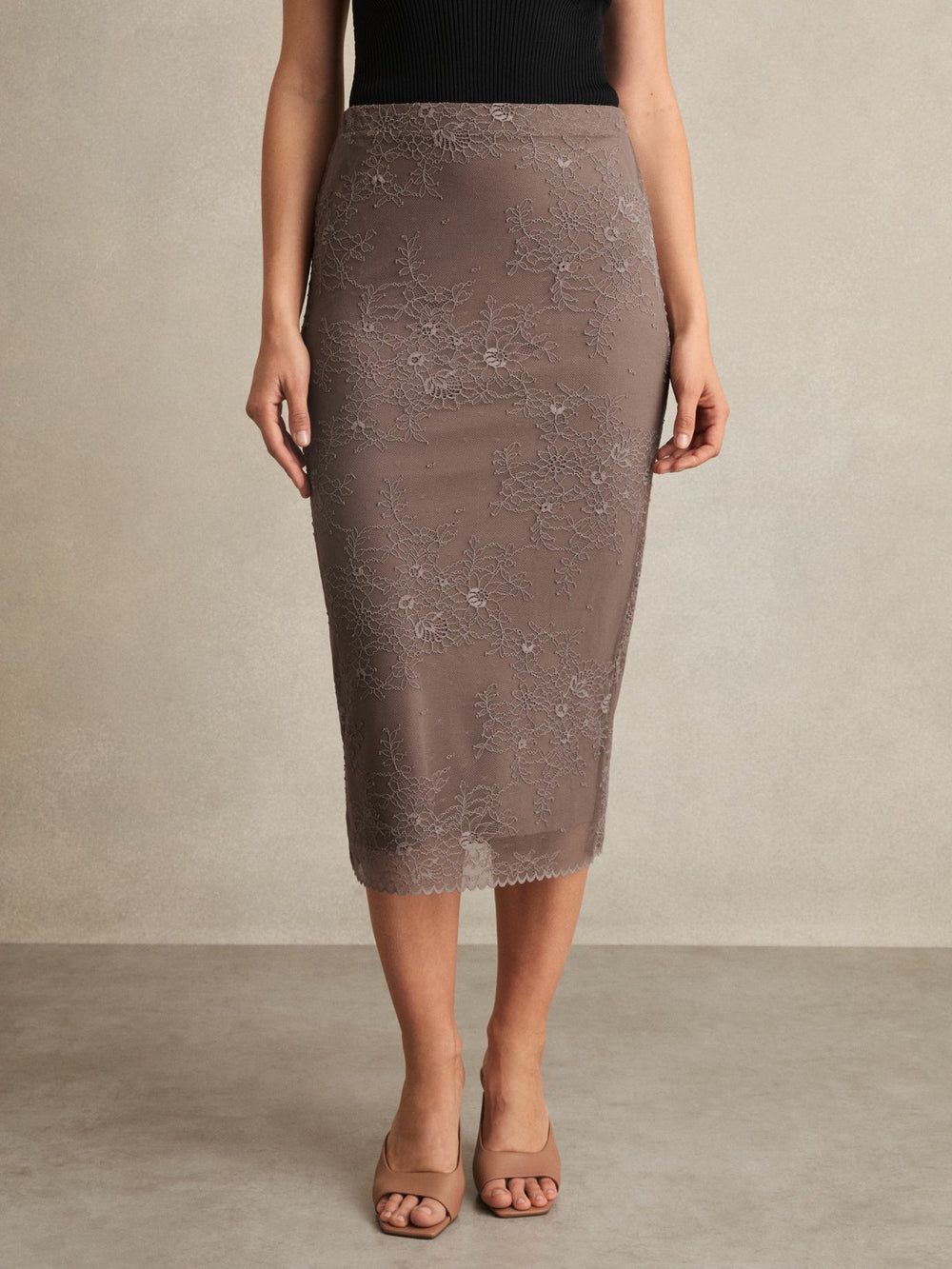 Reiss | Lace Pencil Skirt in Taupe Brown