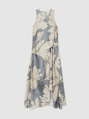 Reiss | Satin Floral Drape Midi Dress in Blue