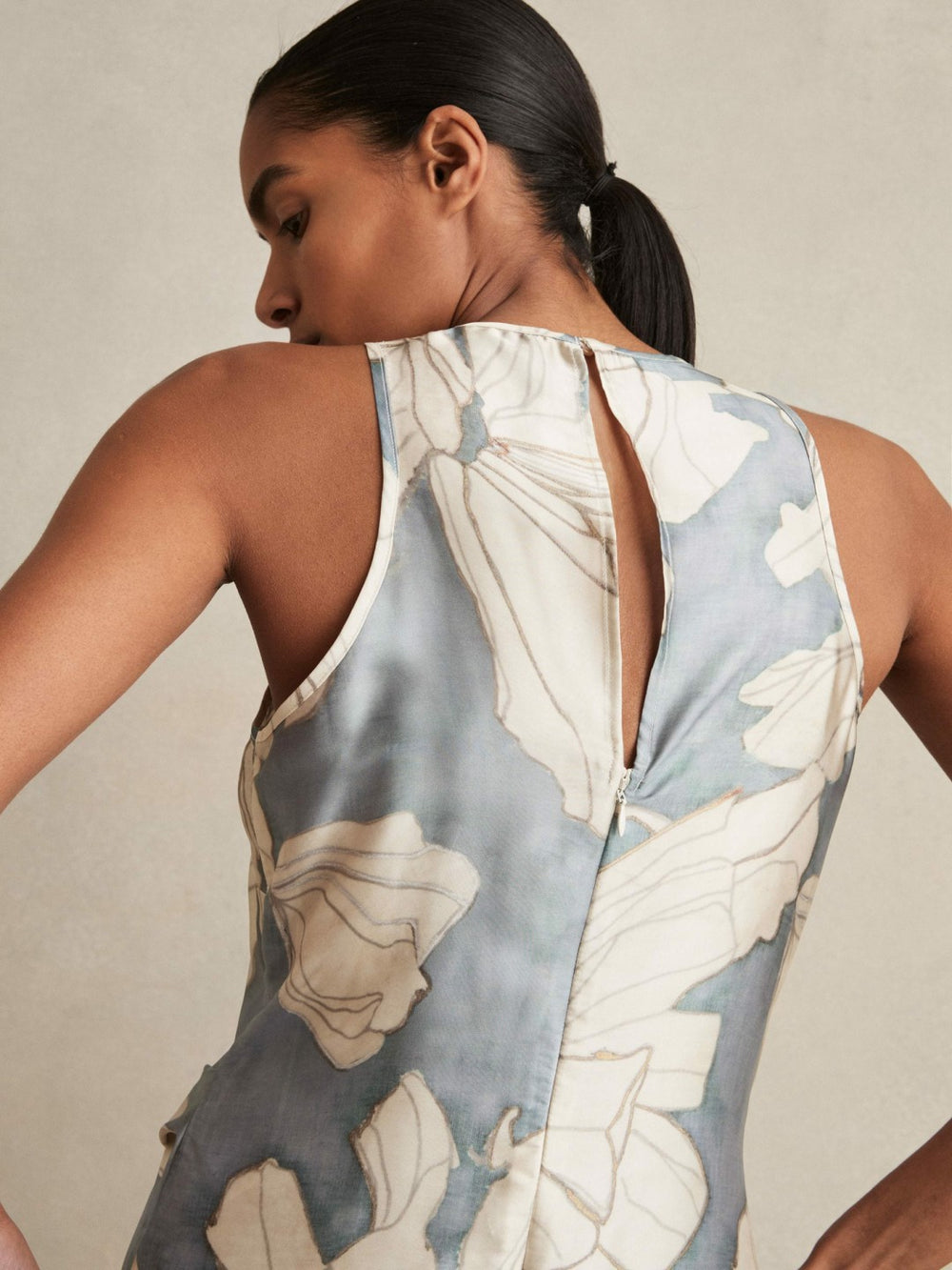 Reiss | Satin Floral Drape Midi Dress in Blue