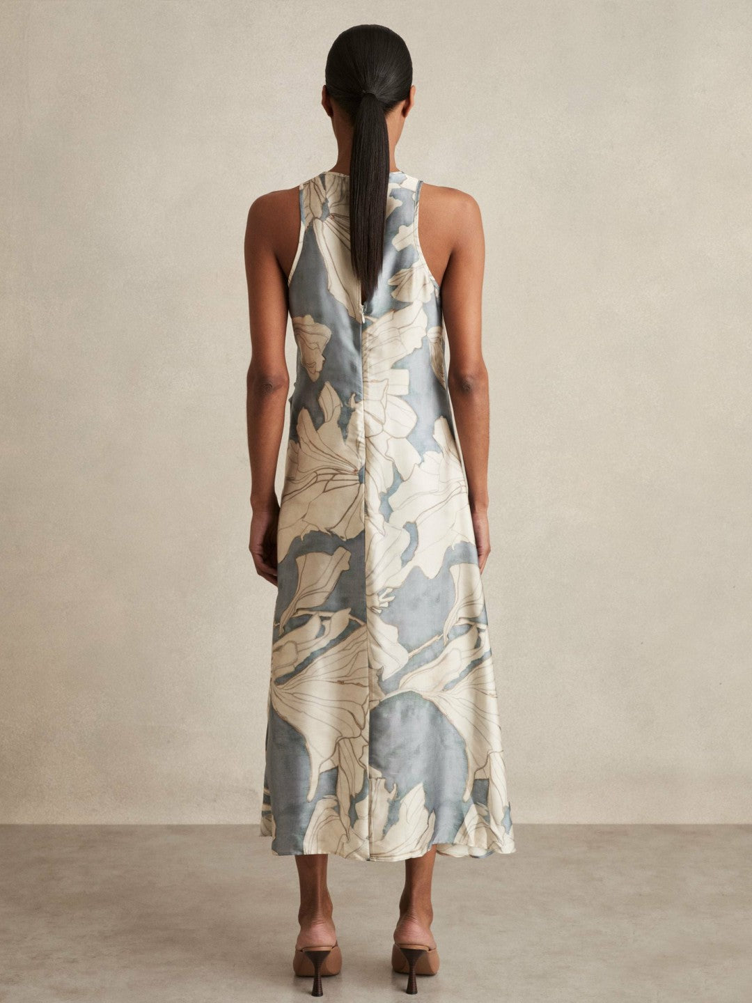 Reiss | Satin Floral Drape Midi Dress in Blue