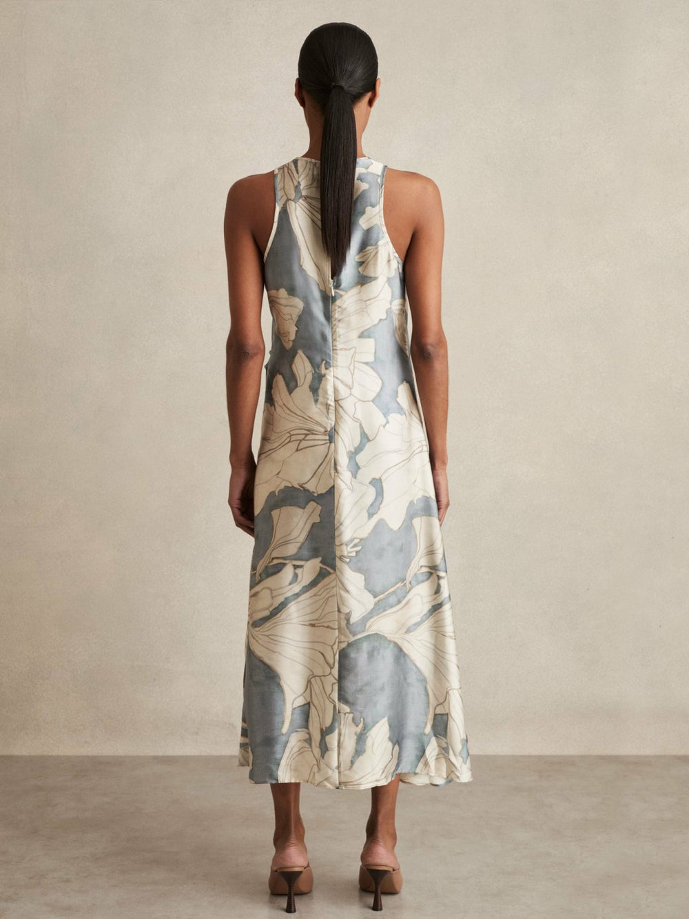 Reiss | Satin Floral Drape Midi Dress in Blue