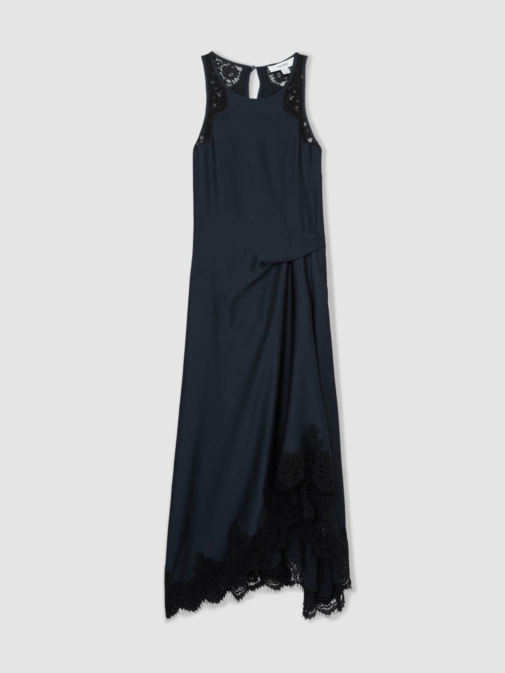 Reiss | Petite Satin Drape Lace-Trim Dress in Navy