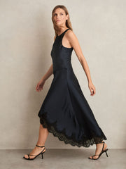 Reiss | Petite Satin Drape Lace-Trim Dress in Navy