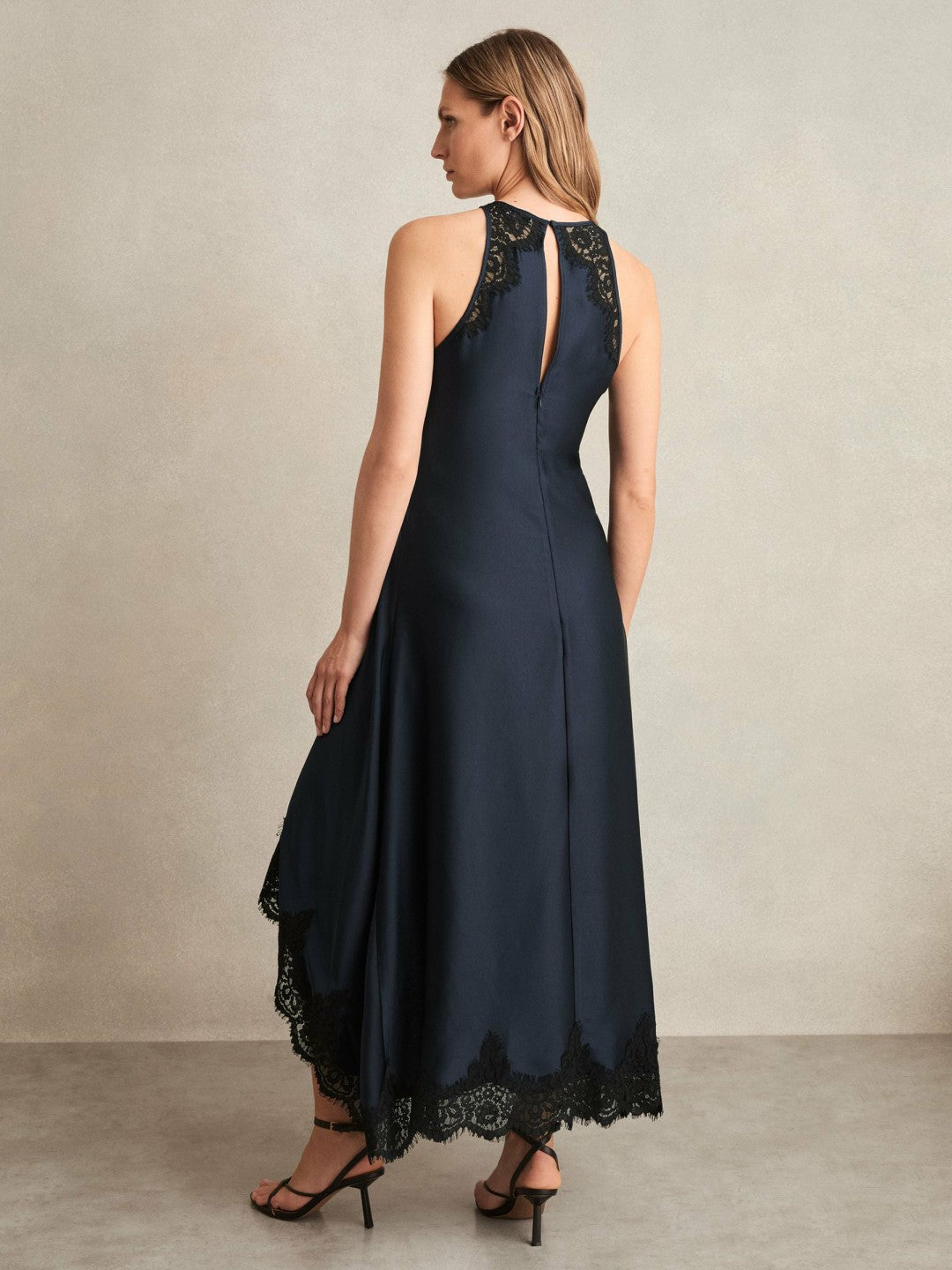 Reiss | Petite Satin Drape Lace-Trim Dress in Navy
