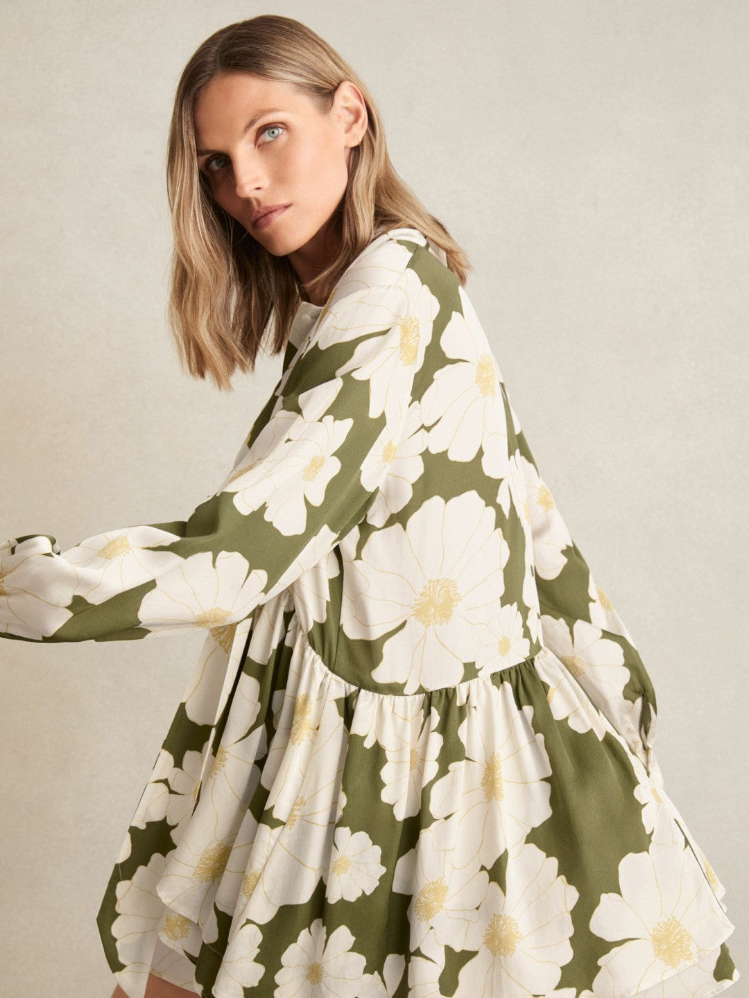 Reiss | Floral Tie-Neck Swing Dress in Ivory/Green