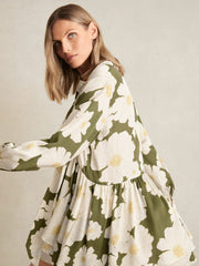 Reiss | Floral Tie-Neck Swing Dress in Ivory/Green