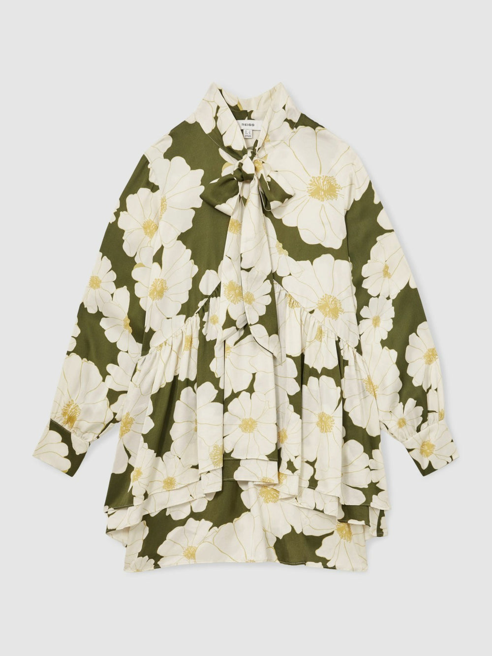 Reiss | Floral Tie-Neck Swing Dress in Ivory/Green