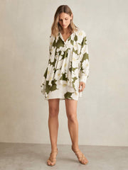 Reiss | Floral Tie-Neck Swing Dress in Ivory/Green
