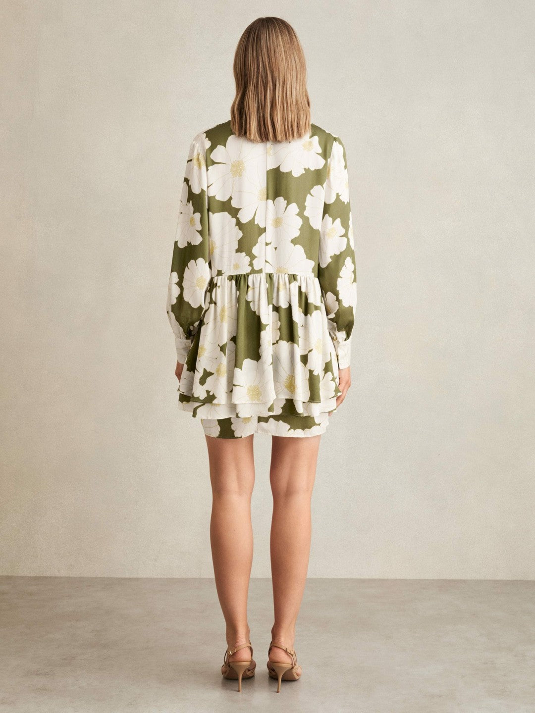 Reiss | Floral Tie-Neck Swing Dress in Ivory/Green