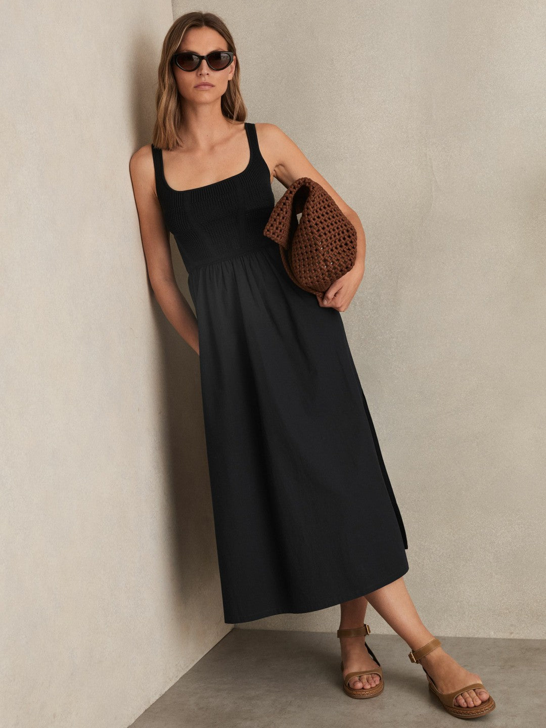 Reiss | Perforated-Knit Cotton-Skirt Midi Dress in Navy