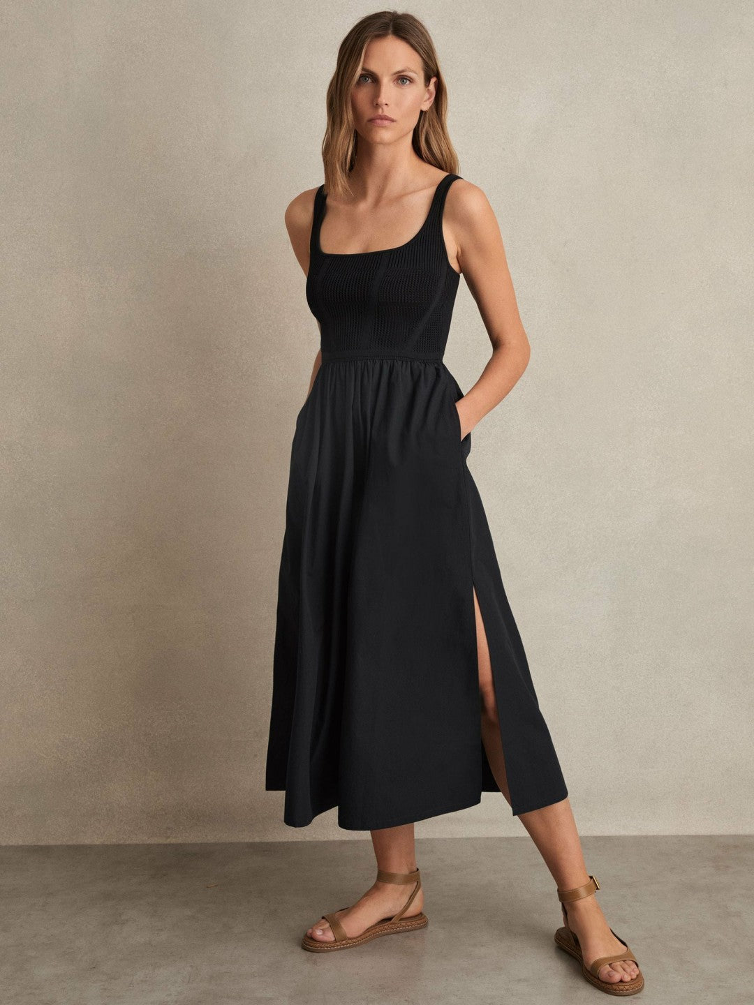 Reiss | Perforated-Knit Cotton-Skirt Midi Dress in Navy