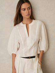 Reiss | Linen Balloon-Sleeve Top in Ivory