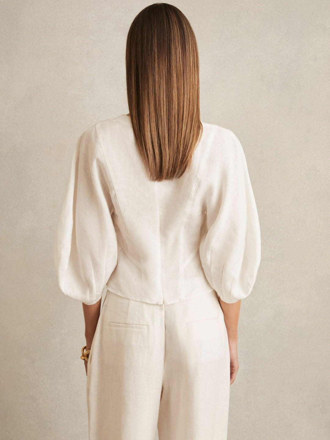 Reiss | Linen Balloon-Sleeve Top in Ivory