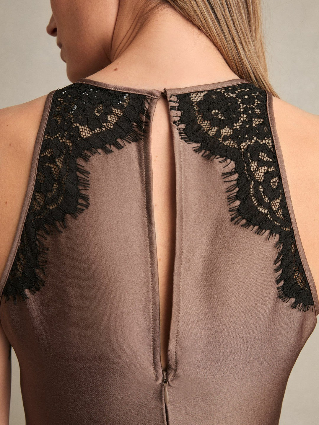 Reiss | Satin Drape Lace-Trim Dress in Mocha Brown