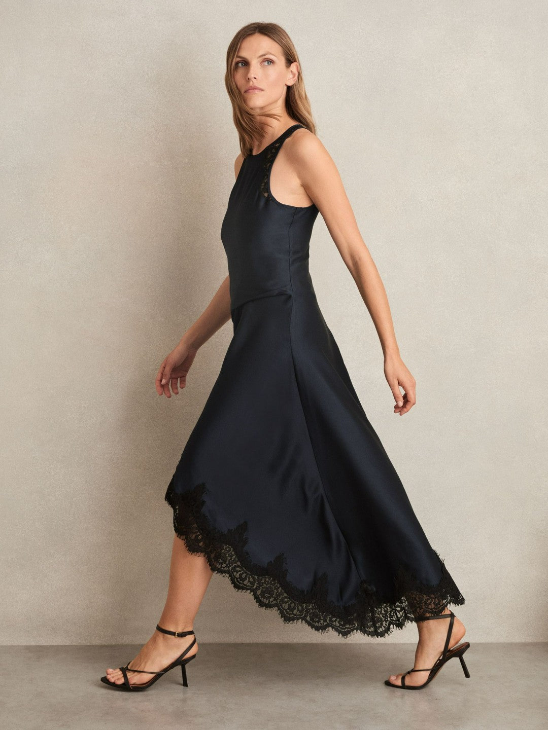 Reiss | Satin Drape Lace-Trim Dress in Navy