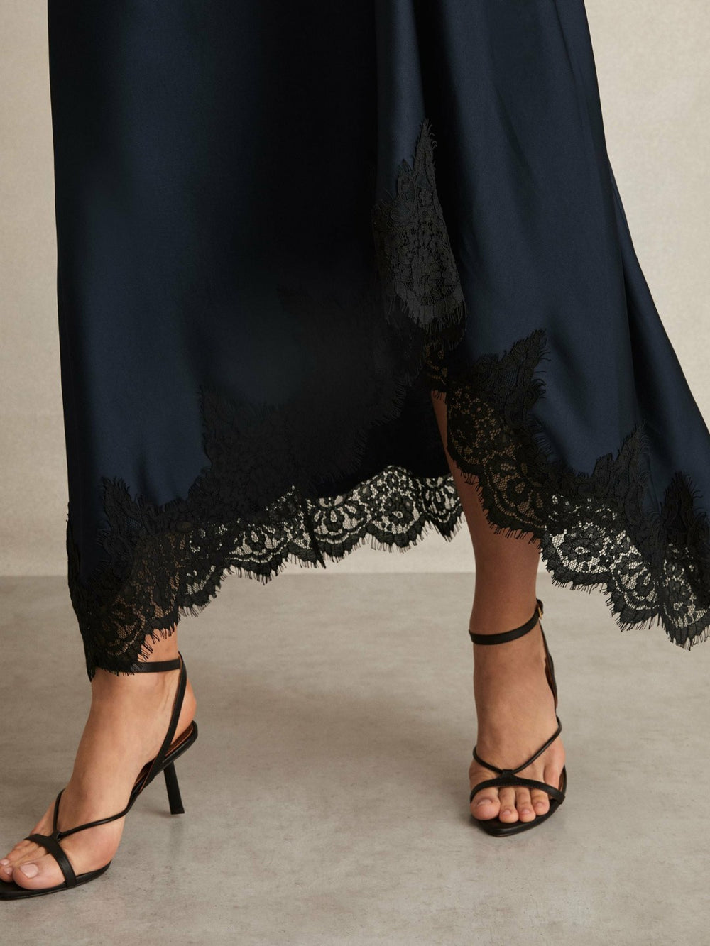 Reiss | Satin Drape Lace-Trim Dress in Navy