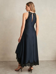 Reiss | Satin Drape Lace-Trim Dress in Navy