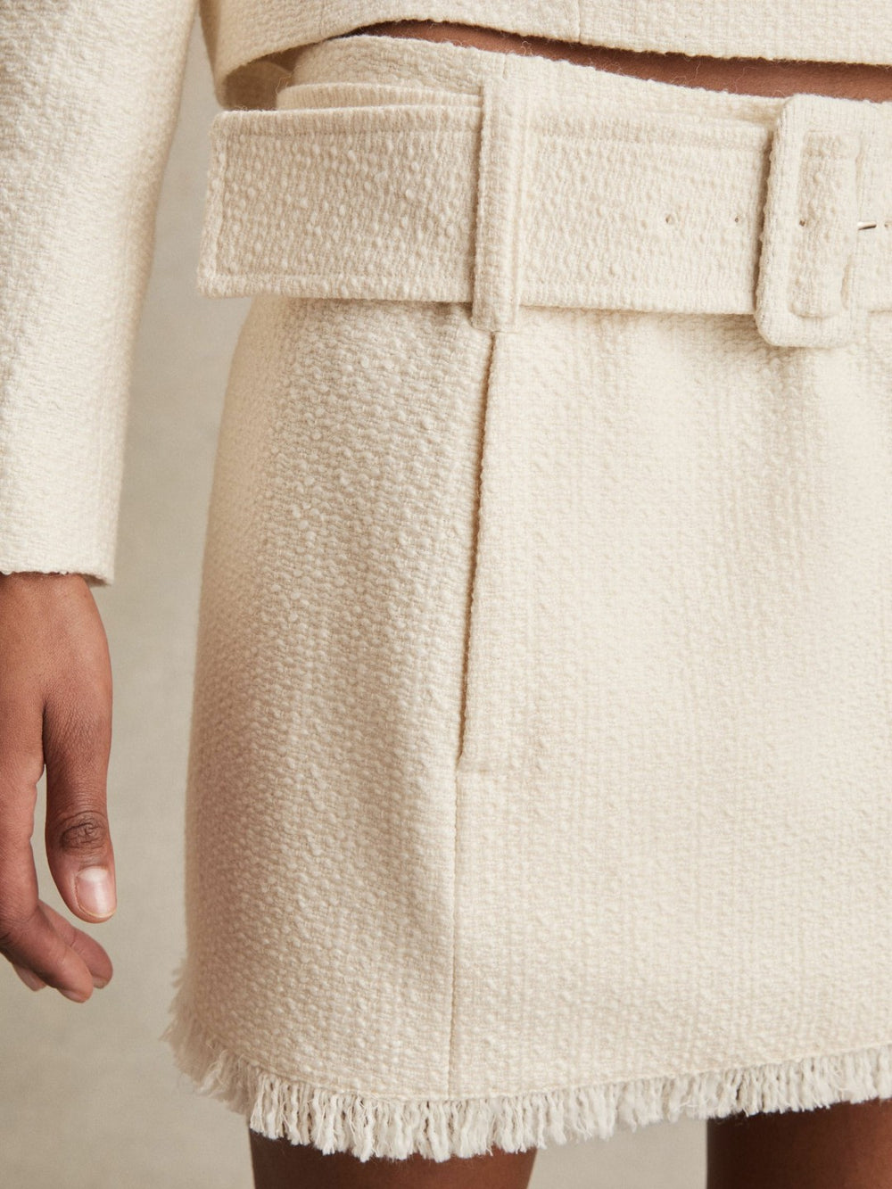 Reiss | Bouclé Belted Mini Skirt With Wool and Cotton in White