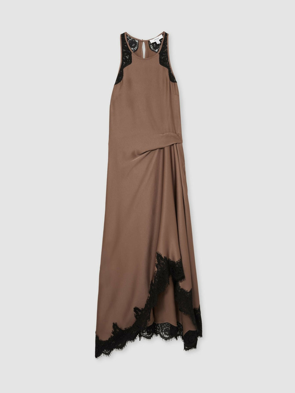Reiss | Petite Satin Drape Lace-Trim Dress in Mocha Brown