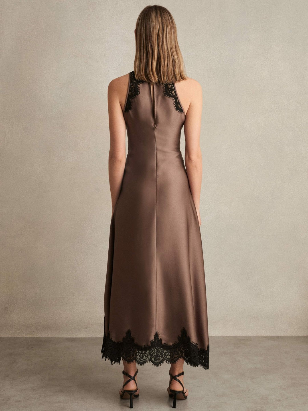 Reiss | Petite Satin Drape Lace-Trim Dress in Mocha Brown