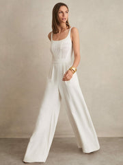 Reiss | Perforated-Knit Wide-Leg Jumpsuit in Ivory
