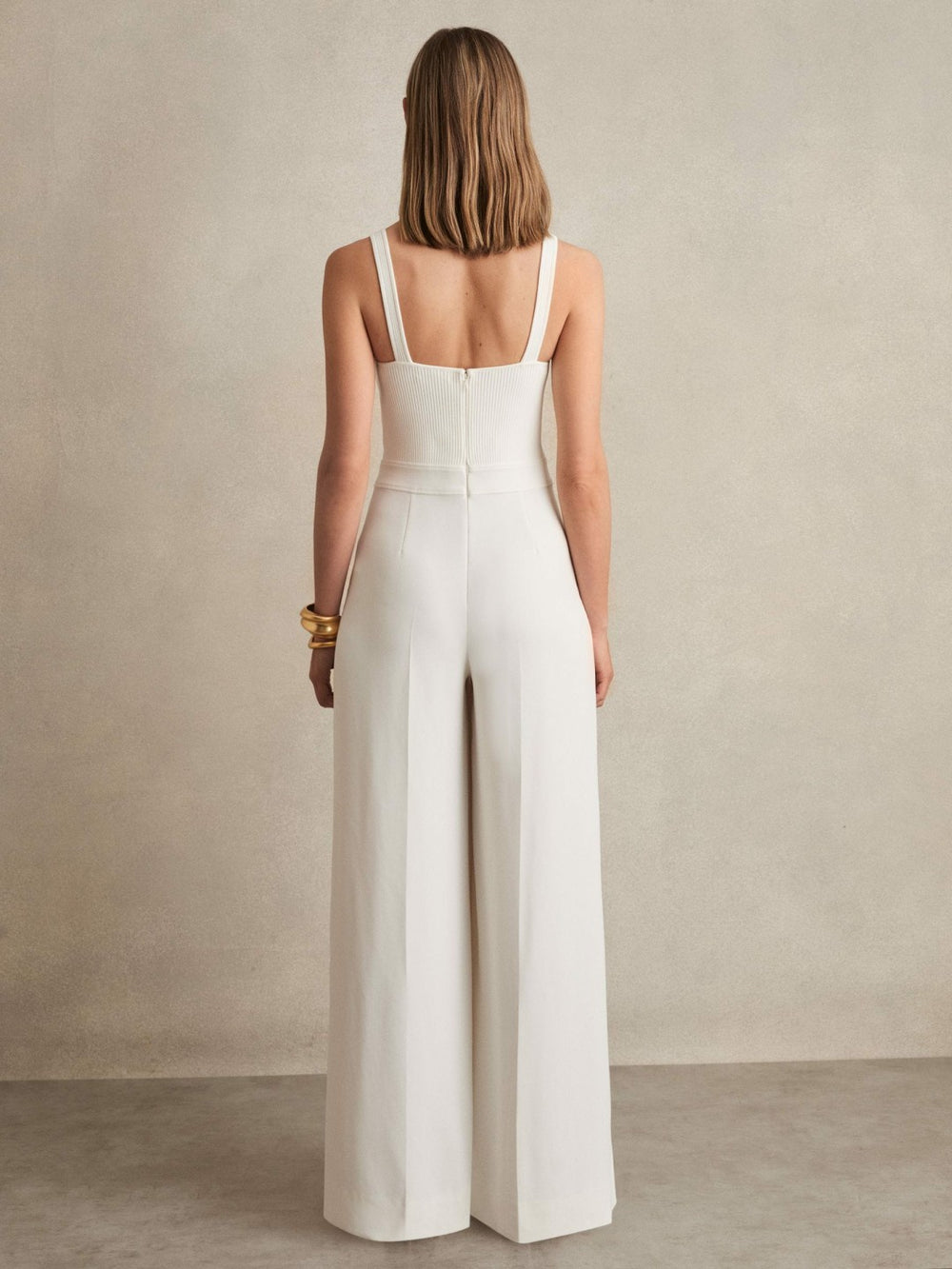 Reiss | Perforated-Knit Wide-Leg Jumpsuit in Ivory