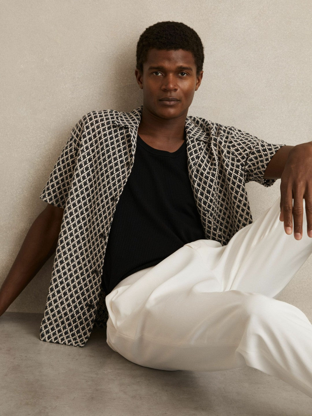 Reiss | Geometric-Crochet Cuban-Collar Shirt in Navy/White