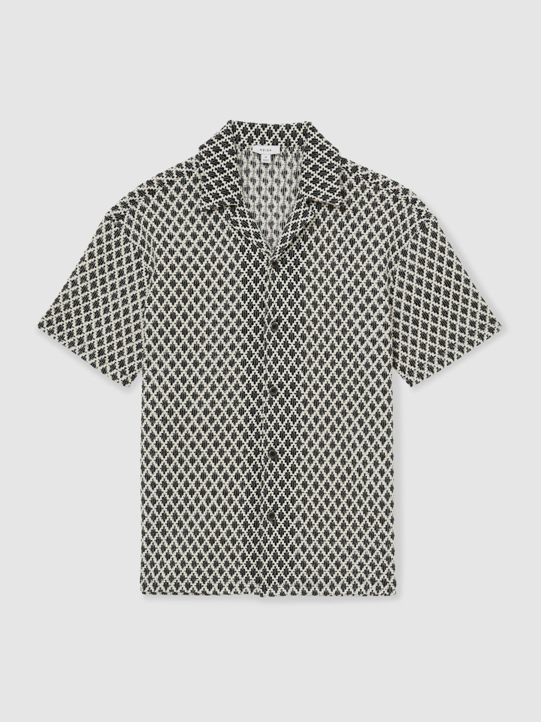 Reiss | Geometric-Crochet Cuban-Collar Shirt in Navy/White