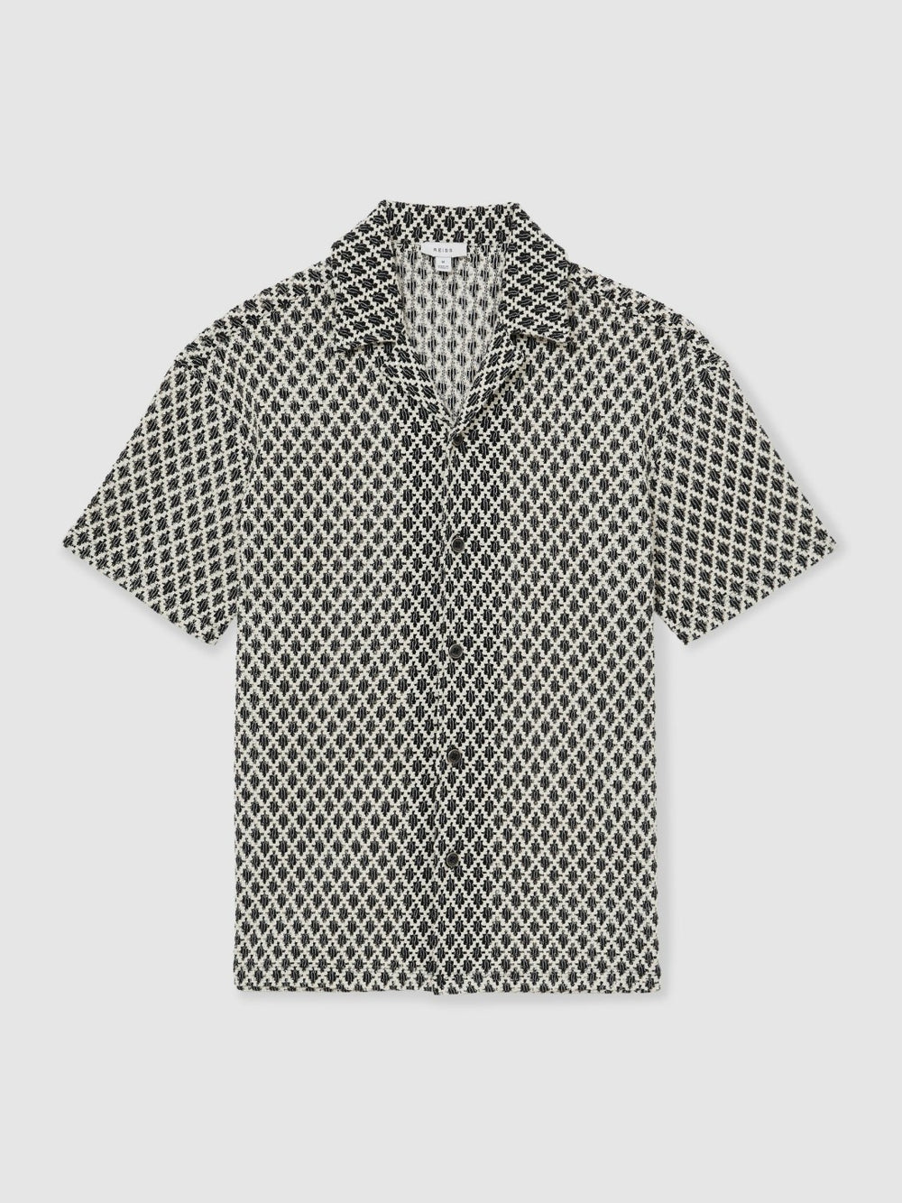 Reiss | Geometric-Crochet Cuban-Collar Shirt in Navy/White