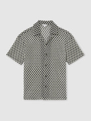 Reiss | Geometric-Crochet Cuban-Collar Shirt in Navy/White