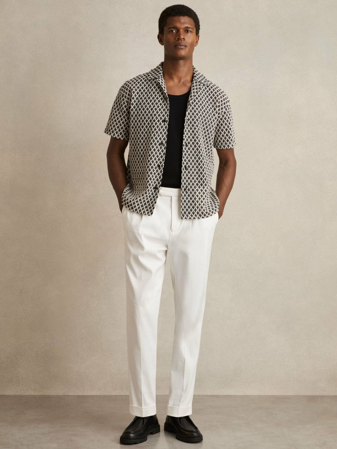 Reiss | Geometric-Crochet Cuban-Collar Shirt in Navy/White