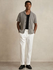 Reiss | Geometric-Crochet Cuban-Collar Shirt in Navy/White