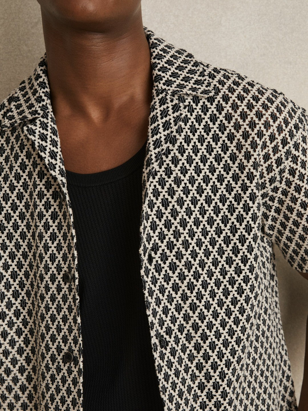 Reiss | Geometric-Crochet Cuban-Collar Shirt in Navy/White