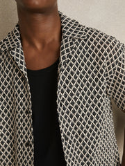 Reiss | Geometric-Crochet Cuban-Collar Shirt in Navy/White