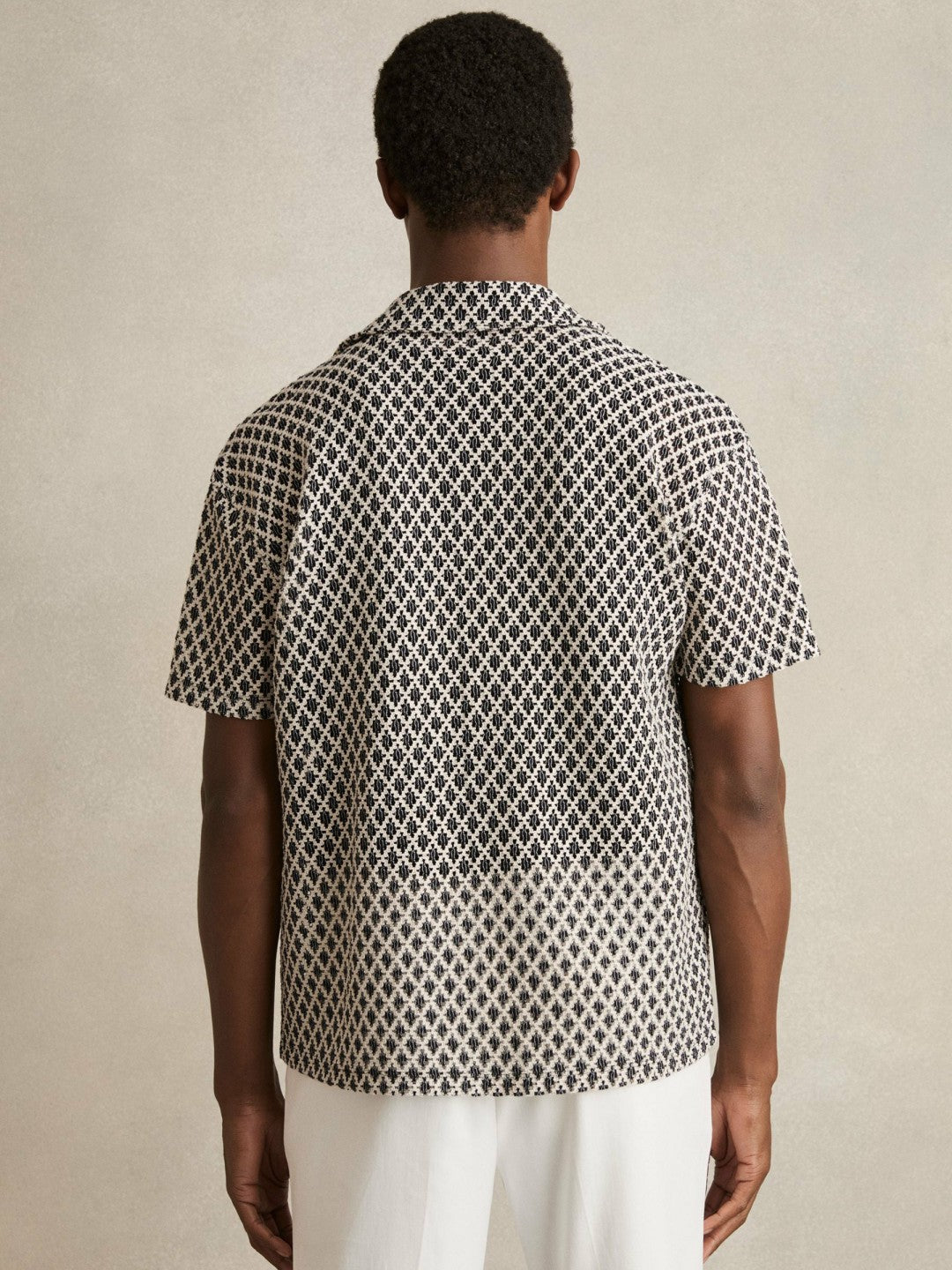 Reiss | Geometric-Crochet Cuban-Collar Shirt in Navy/White