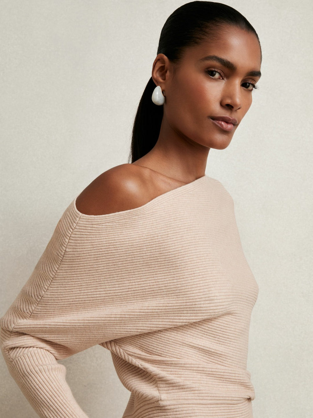 Reiss | Asymmetric Draped Knitted Jumper in Oatmeal Neutral