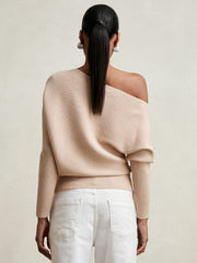 Reiss | Asymmetric Draped Knitted Jumper in Oatmeal Neutral