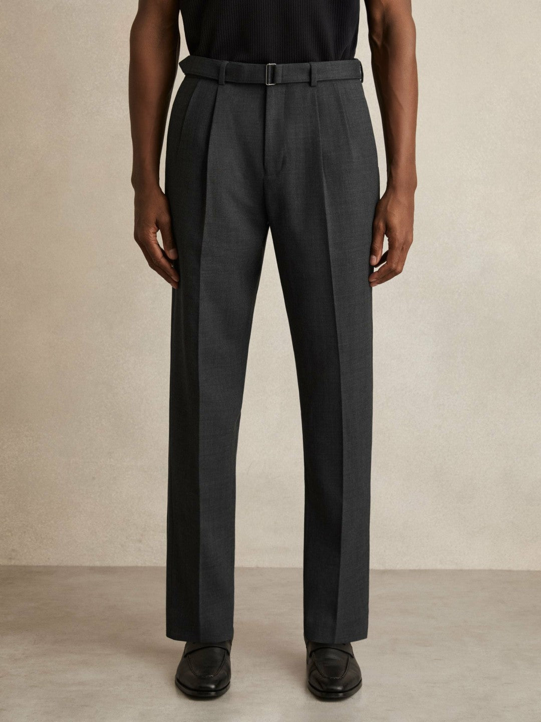 Reiss | Wool-Blend Belted Pleated Trousers Regular-Fit in Charcoal Grey