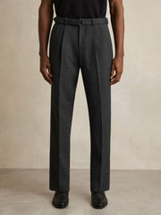 Reiss | Wool-Blend Belted Pleated Trousers Regular-Fit in Charcoal Grey