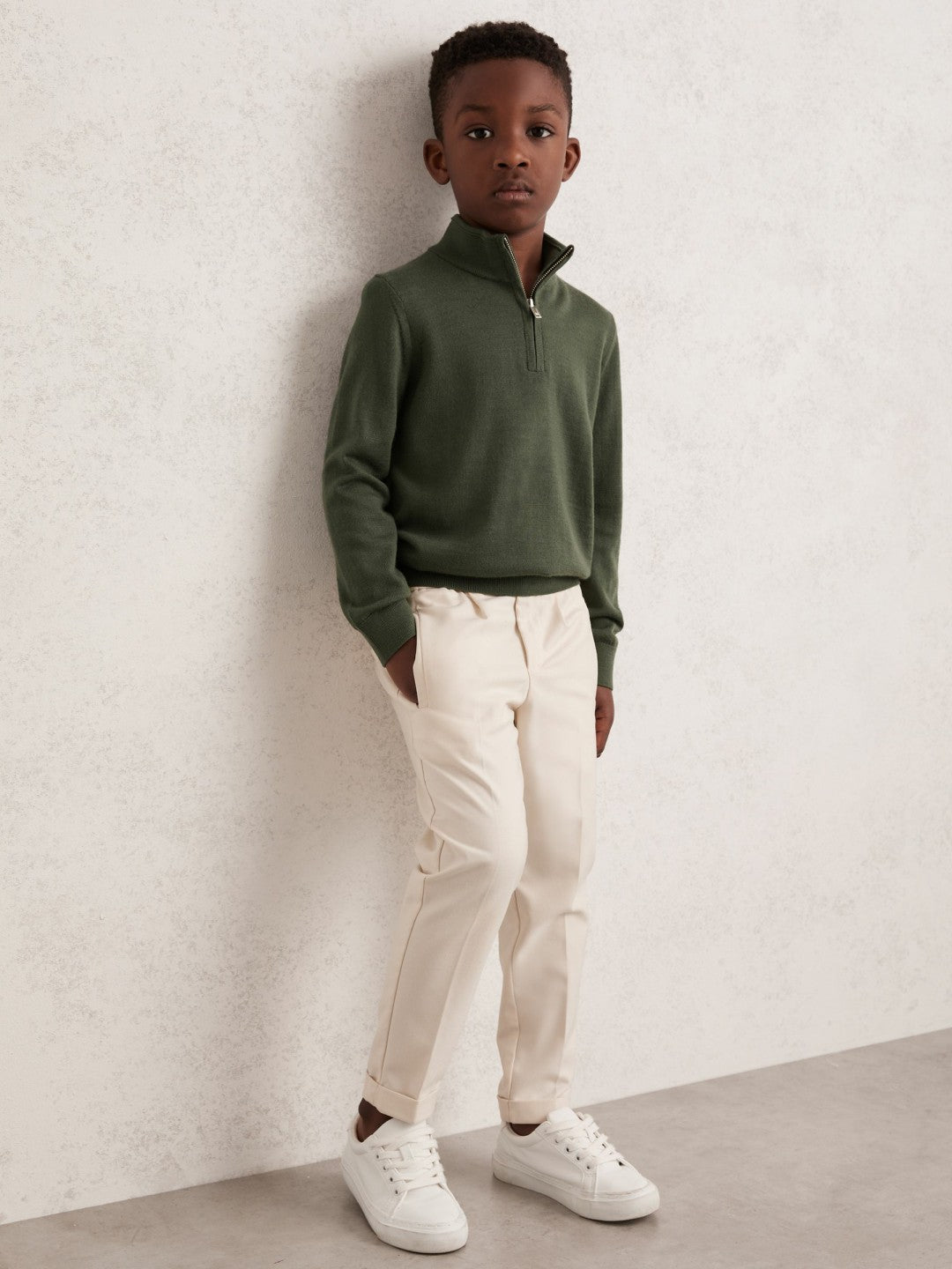 Reiss | 3-9 yrs Merino Wool Half-Zip Funnel Neck Jumper in Kale Green