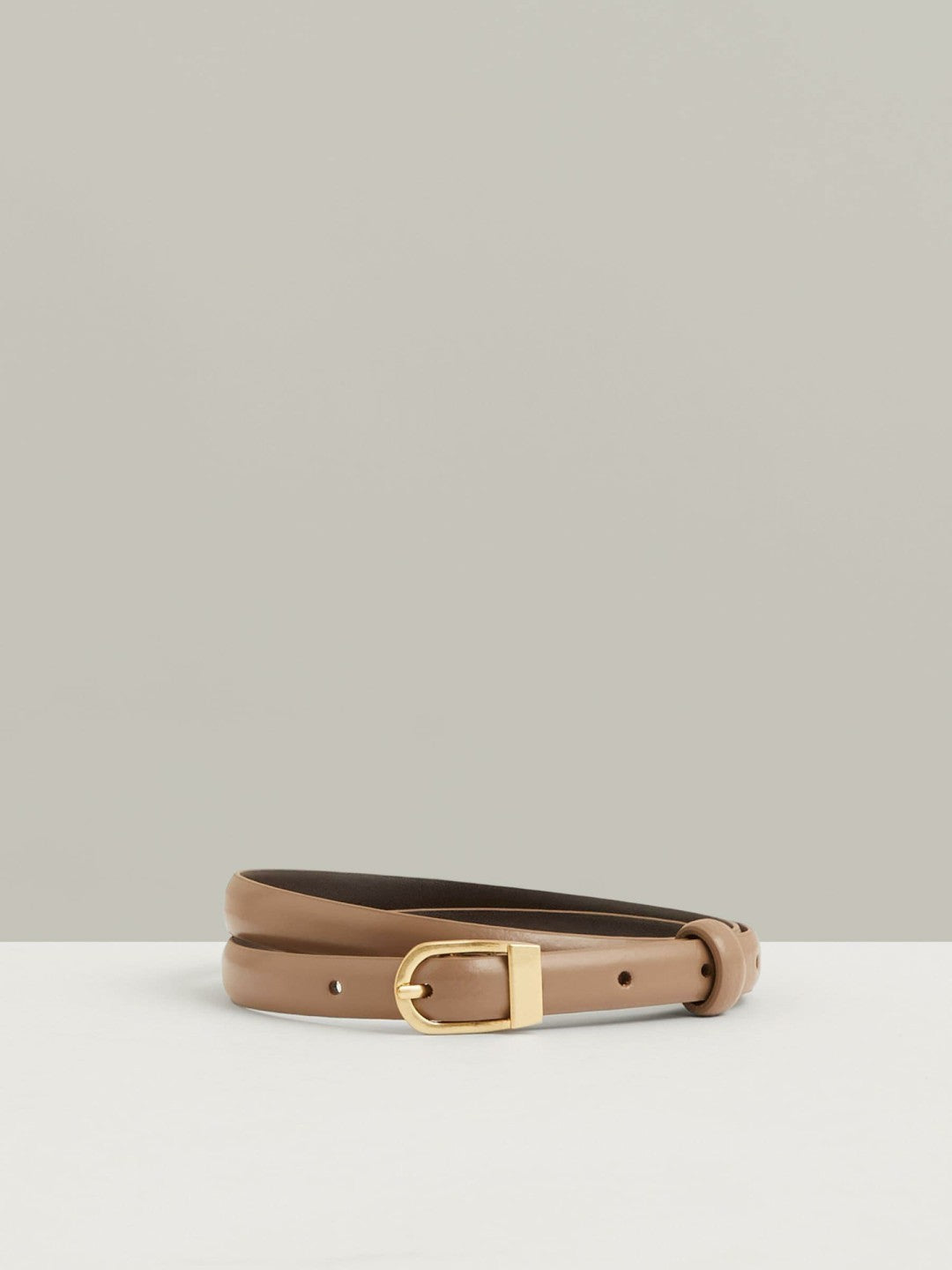 Reiss | Leather Curved-Buckle Skinny Belt in Taupe