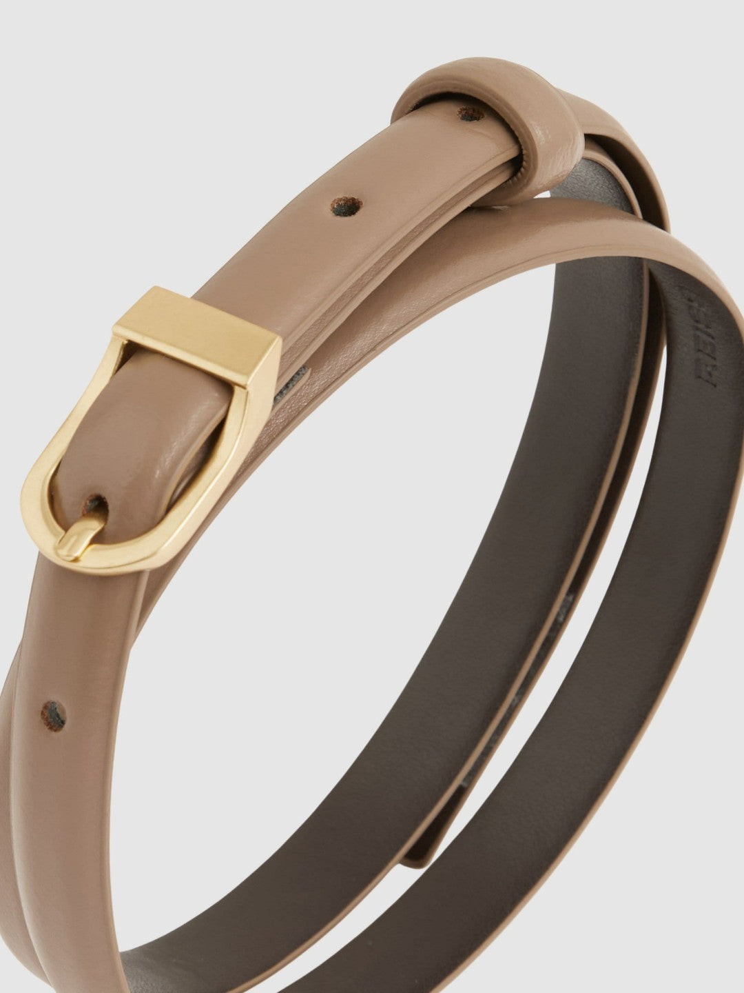 Reiss | Leather Curved-Buckle Skinny Belt in Taupe