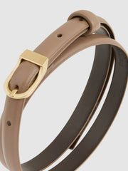 Reiss | Leather Curved-Buckle Skinny Belt in Taupe