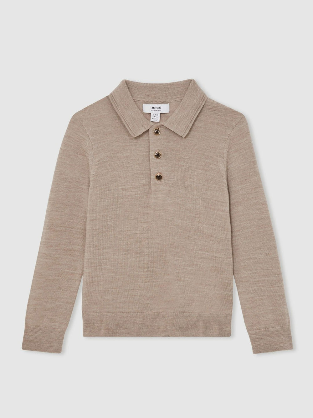 Reiss | 4-9 yrs Merino Wool Long-Sleeve Polo Shirt in Wheat Melange