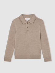 Reiss | 4-9 yrs Merino Wool Long-Sleeve Polo Shirt in Wheat Melange