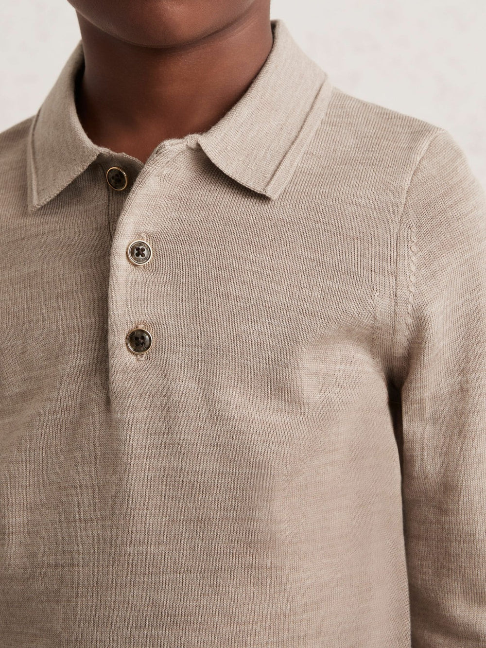 Reiss | 9-13 yrs Merino Wool Long-Sleeve Polo Shirt in Wheat Melange