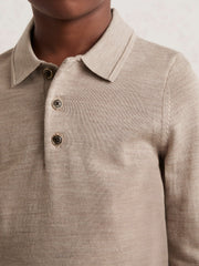 Reiss | 9-13 yrs Merino Wool Long-Sleeve Polo Shirt in Wheat Melange