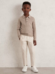 Reiss | 9-13 yrs Merino Wool Long-Sleeve Polo Shirt in Wheat Melange
